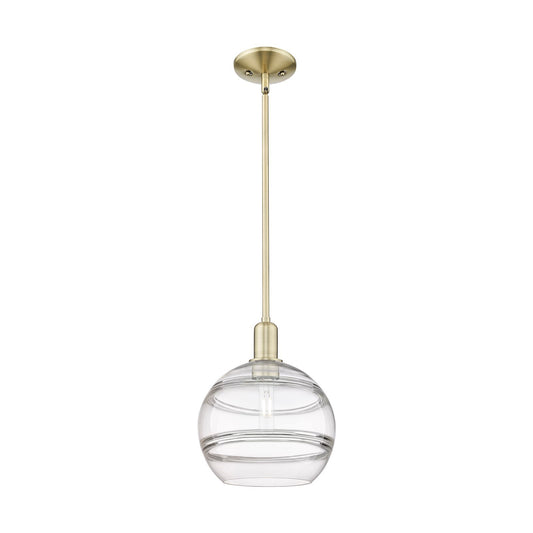 Innovations Rochester 10in 1-Light Mini Pendant | Industrial Antique Brass Steel and Clear Glass | Kitchen Island & Dining | Model 716-1S-AB-G556-10CL