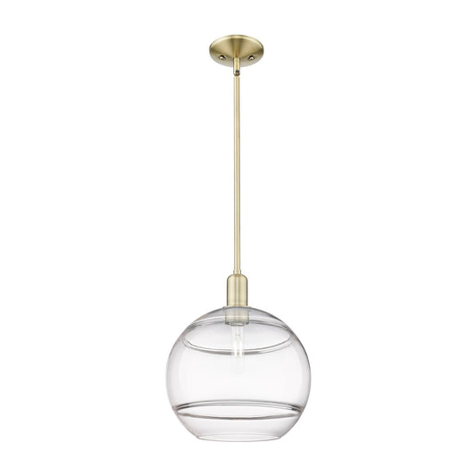 Innovations Rochester 12in 1-Light Mini Pendant | Industrial Antique Brass Steel and Clear Glass | Kitchen Island & Dining | Model 716-1S-AB-G556-12CL