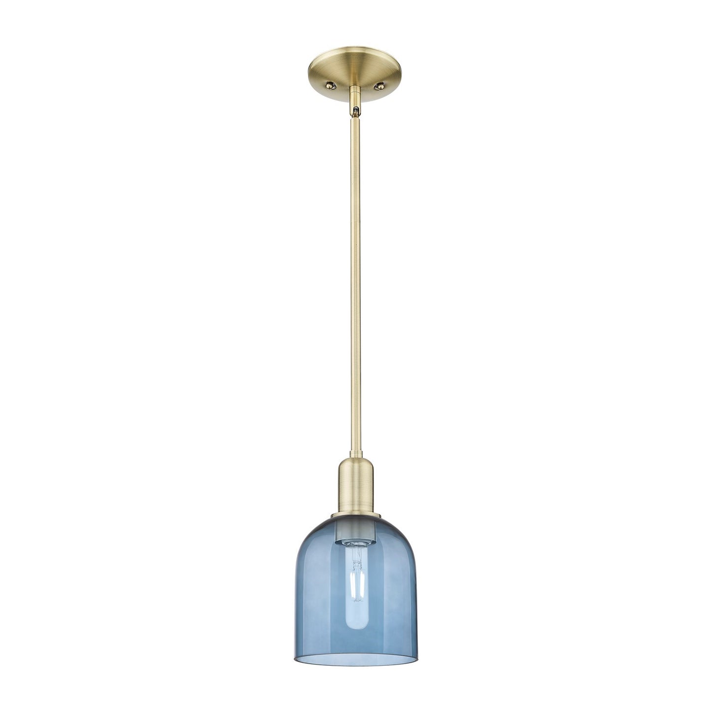 Innovations Bella 6in 1-Light Mini Pendant | Industrial Antique Brass and Blue Glass | Kitchen Island & Dining Room | 5.5 x 5.5 | Model 716-1S-AB-G558-6BL