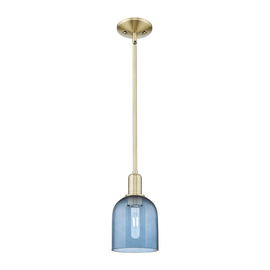 Innovations Bella 6in 1-Light Mini Pendant | Industrial Antique Brass and Blue Glass | Kitchen Island & Dining Room | 5.5 x 5.5 | Model 716-1S-AB-G558-6BL