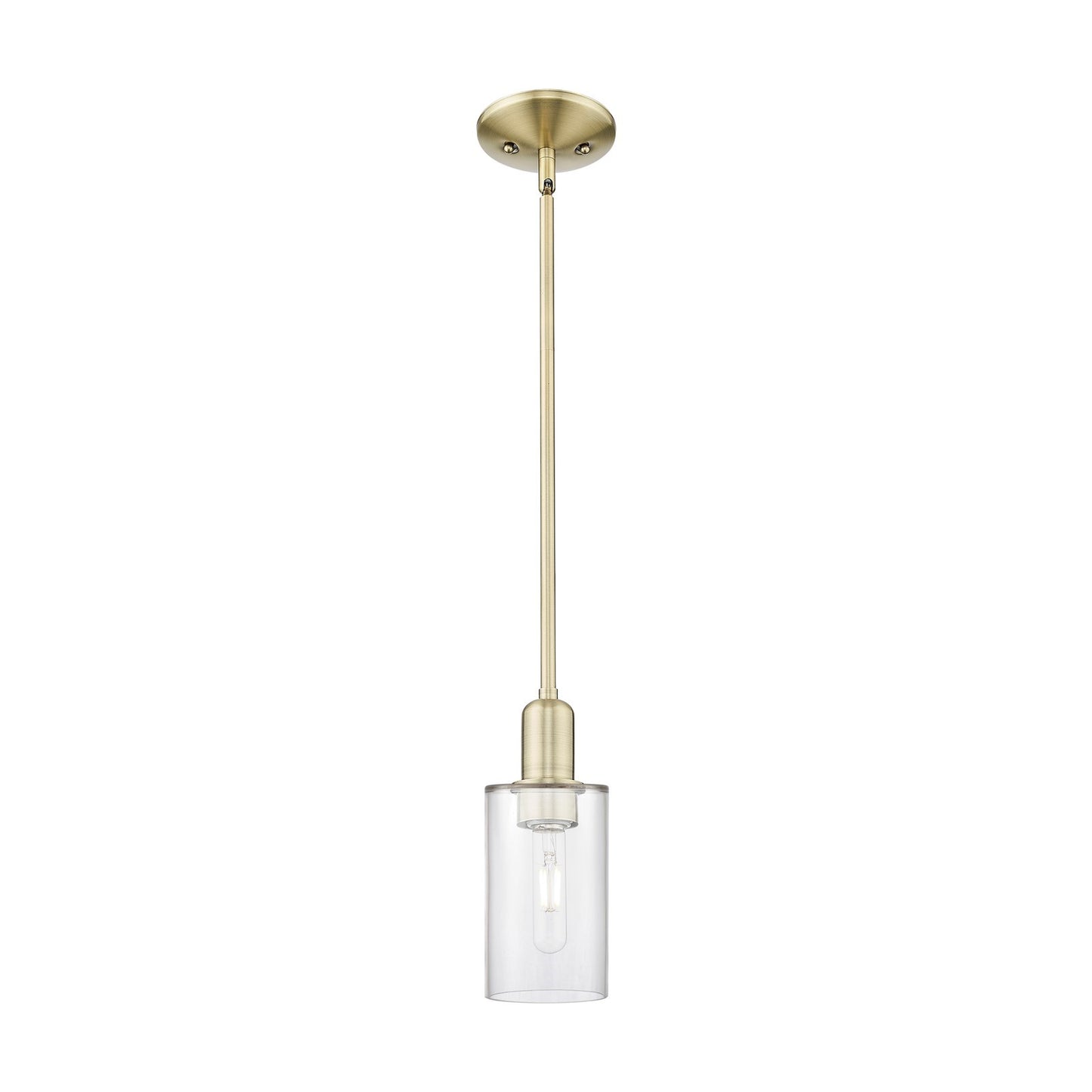 Innovations Clymer 4in 1-Light Mini Pendant | Industrial Antique Brass Steel and Clear Glass | Kitchen Island & Dining Room | Damp | Model 716-1S-AB-G802