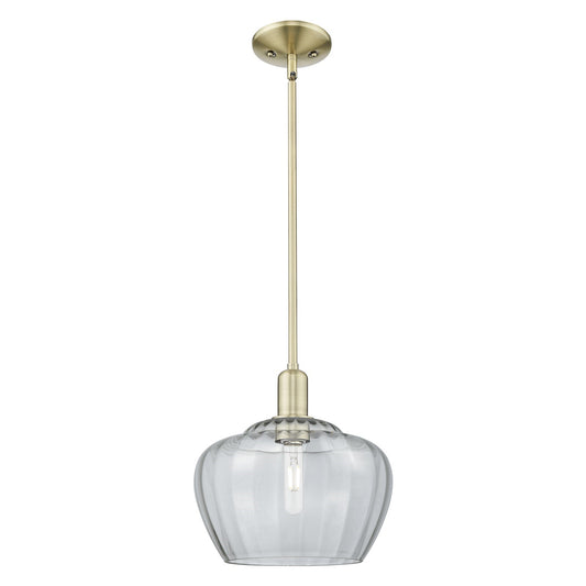 Innovations Fenton 11in 1-Light Mini Pendant | Industrial Antique Brass Steel and Clear Ribbed Glass | Kitchen Island & Dining | Model 716-1S-AB-G92-L