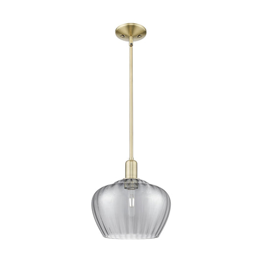 Innovations Fenton 11in 1-Light Mini Pendant | Industrial Antique Brass and Light Smoke Ribbed Glass | Kitchen Island & Dining | Model 716-1S-AB-G93-L
