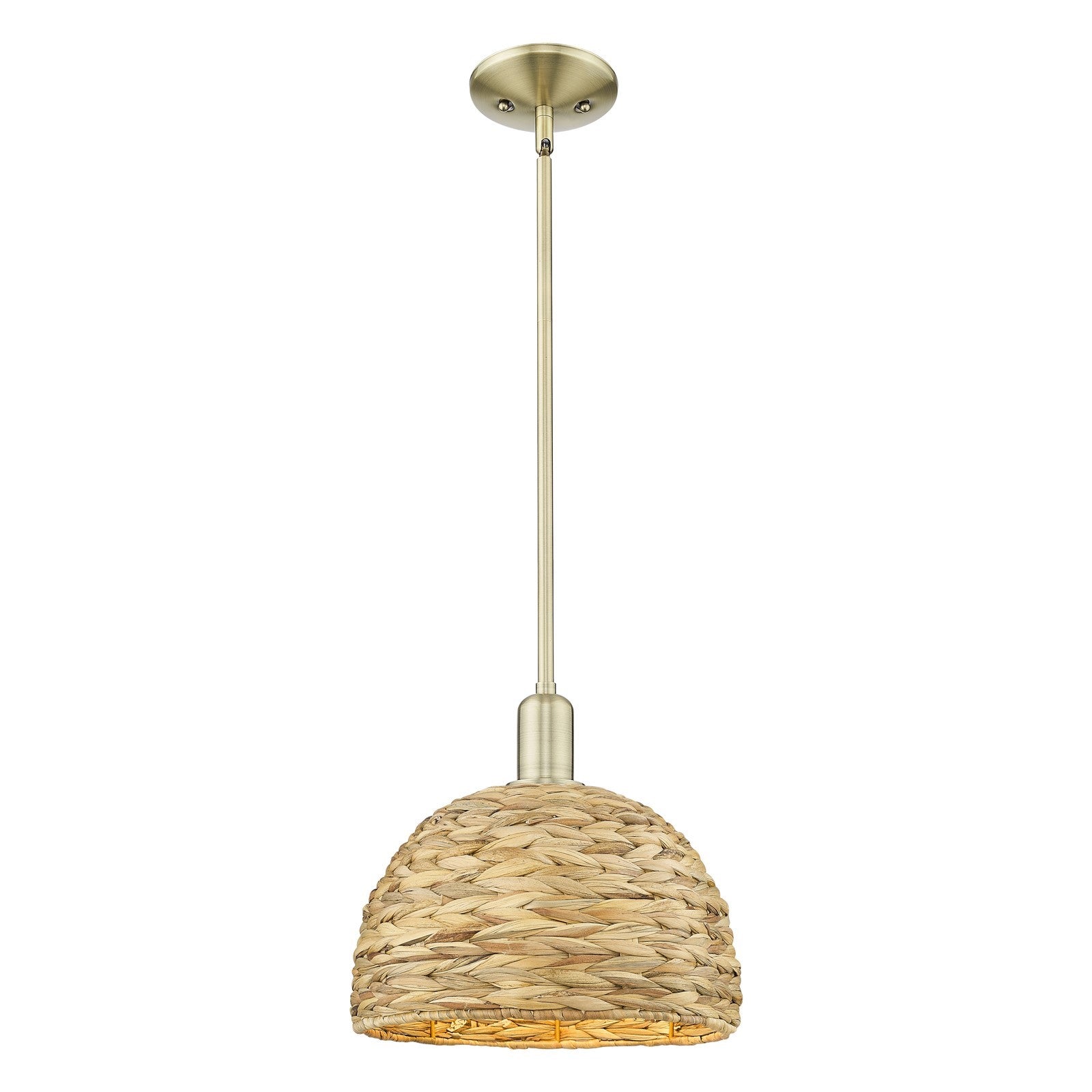 Innovations Woven Rattan 12in 1-Light Mini Pendant | Industrial Antique Brass Steel and Natural Rattan | Kitchen Island & | Model 716-1S-AB-RBD-12-NAT