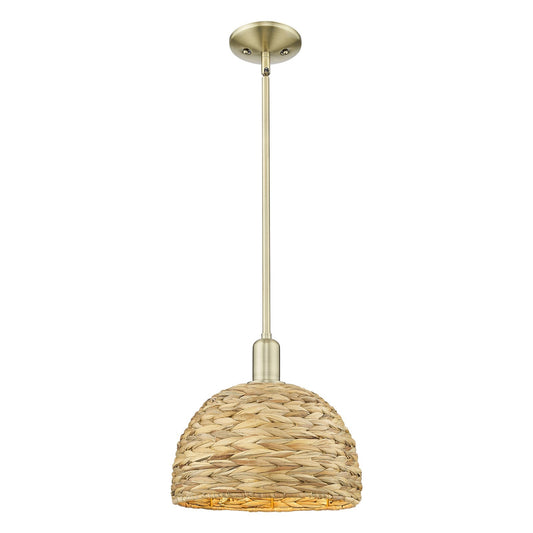 Innovations Woven Rattan 12in 1-Light Mini Pendant | Industrial Antique Brass Steel and Natural Rattan | Kitchen Island & | Model 716-1S-AB-RBD-12-NAT