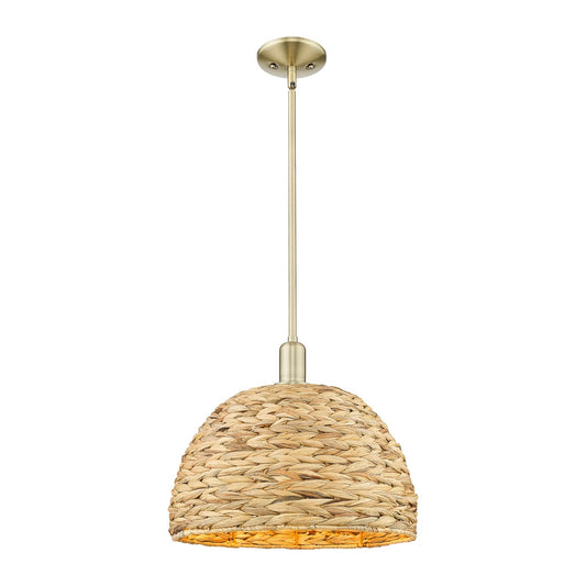 Innovations Woven Rattan 16in 1-Light Mini Pendant | Industrial Antique Brass and Natural Fiber Shade | Kitchen Island & | Model 716-1S-AB-RBD-16-NAT