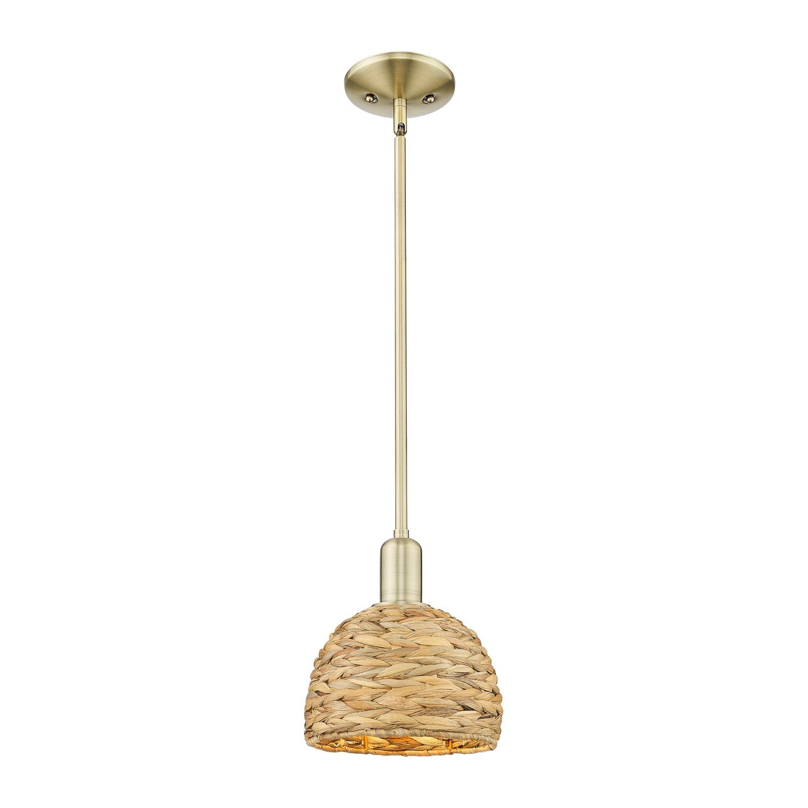 Innovations Woven Rattan 8in 1-Light Mini Pendant | Rustic Farmhouse Antique Brass and Natural Woven Rattan | Kitchen Island & | Model 716-1S-AB-RBD-8-NAT