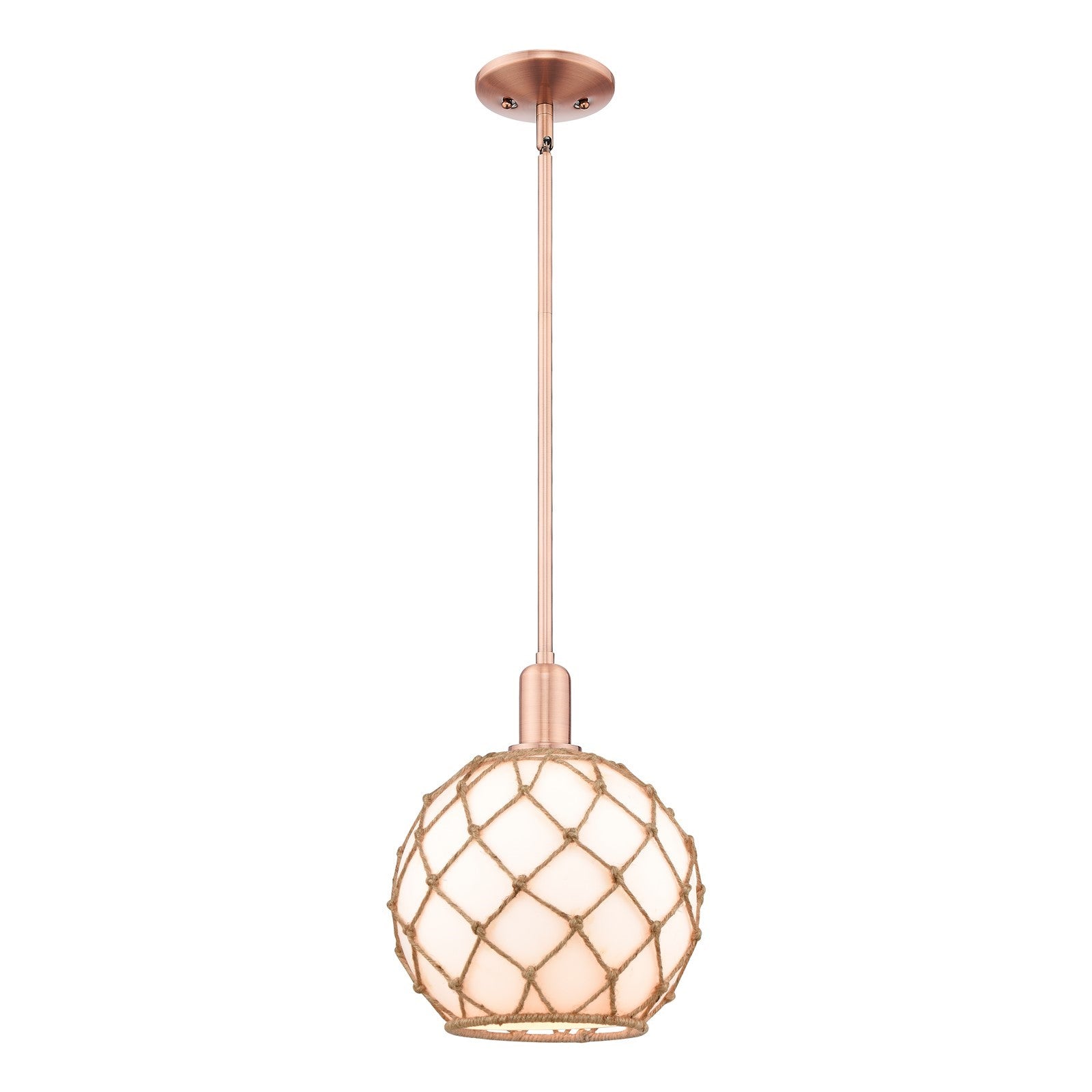 Innovations Farmhouse Rope 10in 1-Light Mini Pendant | Industrial Antique Copper Steel and Matte White Glass with Rope | Model 716-1S-AC-G121-10RB