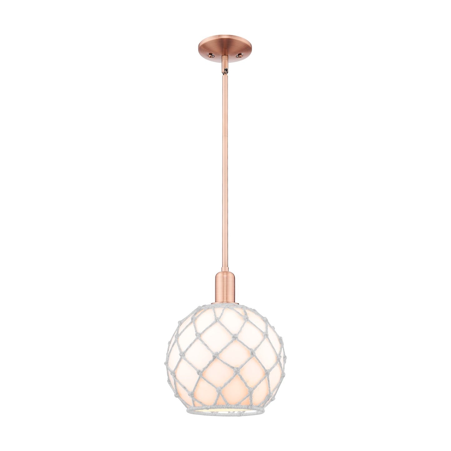 Innovations Farmhouse Rope 10in 1-Light Mini Pendant | Industrial Antique Copper Steel and White Glass with White Rope | Model 716-1S-AC-G121-10RW