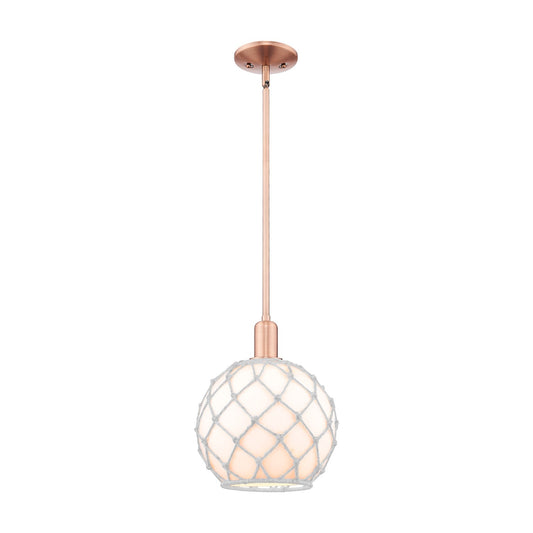 Innovations Farmhouse Rope 10in 1-Light Mini Pendant | Industrial Antique Copper Steel and White Glass with White Rope | Model 716-1S-AC-G121-10RW