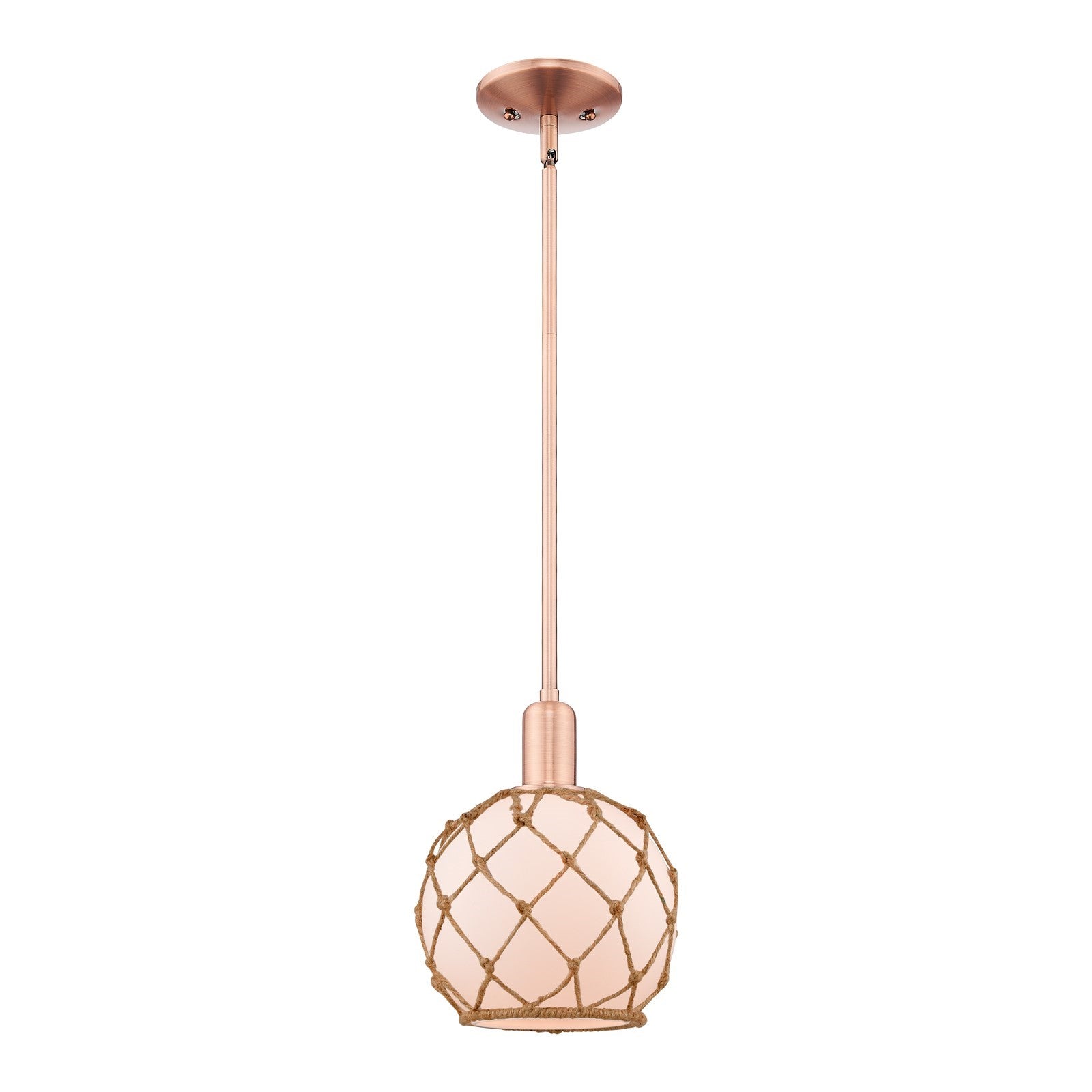 Innovations Farmhouse Rope 8in 1-Light Mini Pendant | Industrial Antique Copper Steel and White Frosted Glass with Brown Rope | Model 716-1S-AC-G121-8RB