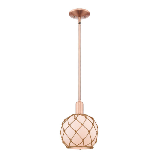 Innovations Farmhouse Rope 8in 1-Light Mini Pendant | Industrial Antique Copper Steel and White Frosted Glass with Brown Rope | Model 716-1S-AC-G121-8RB