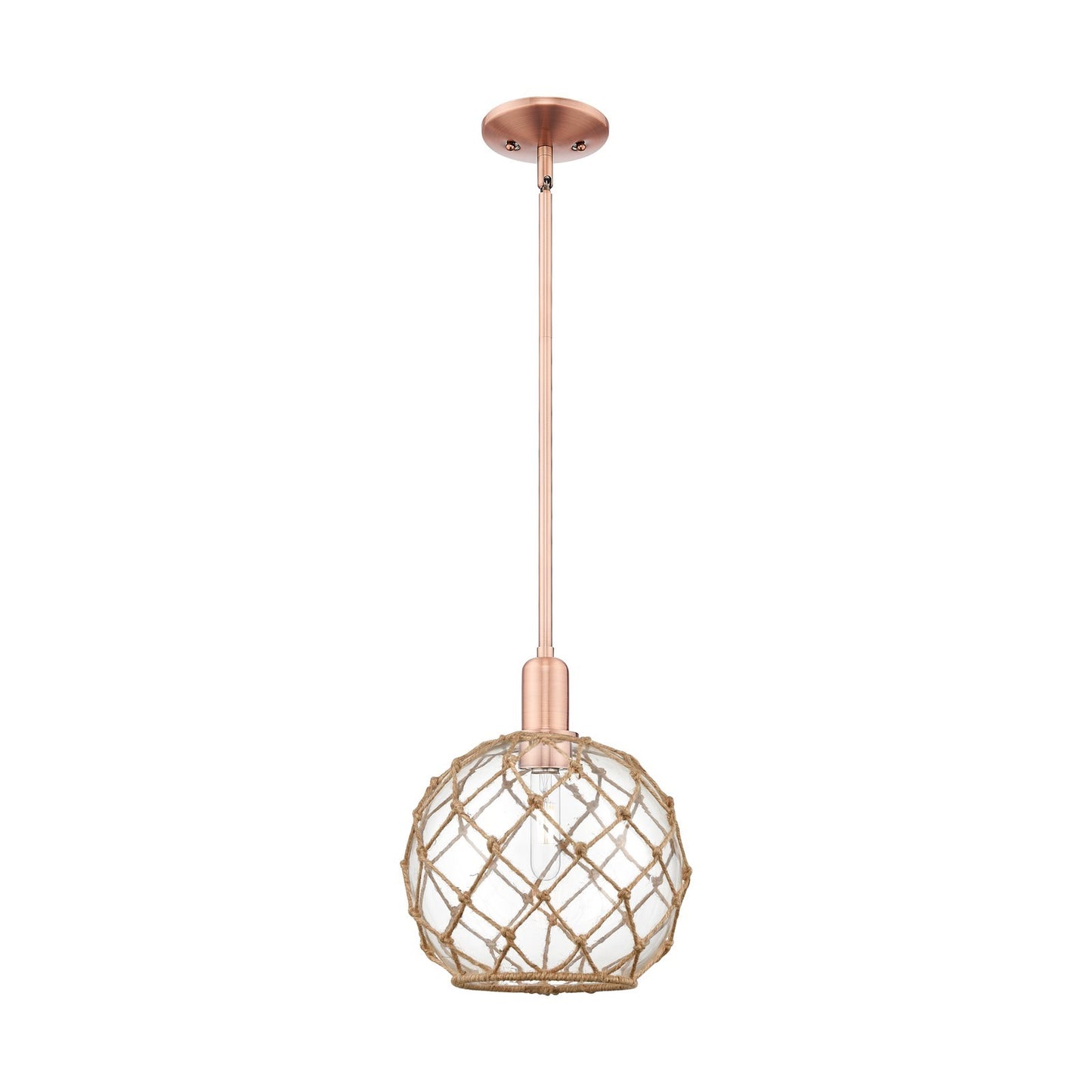 Innovations Farmhouse Rope 10in 1-Light Mini Pendant | Industrial Antique Copper Steel and Clear Glass with Brown Rope | Model 716-1S-AC-G122-10RB