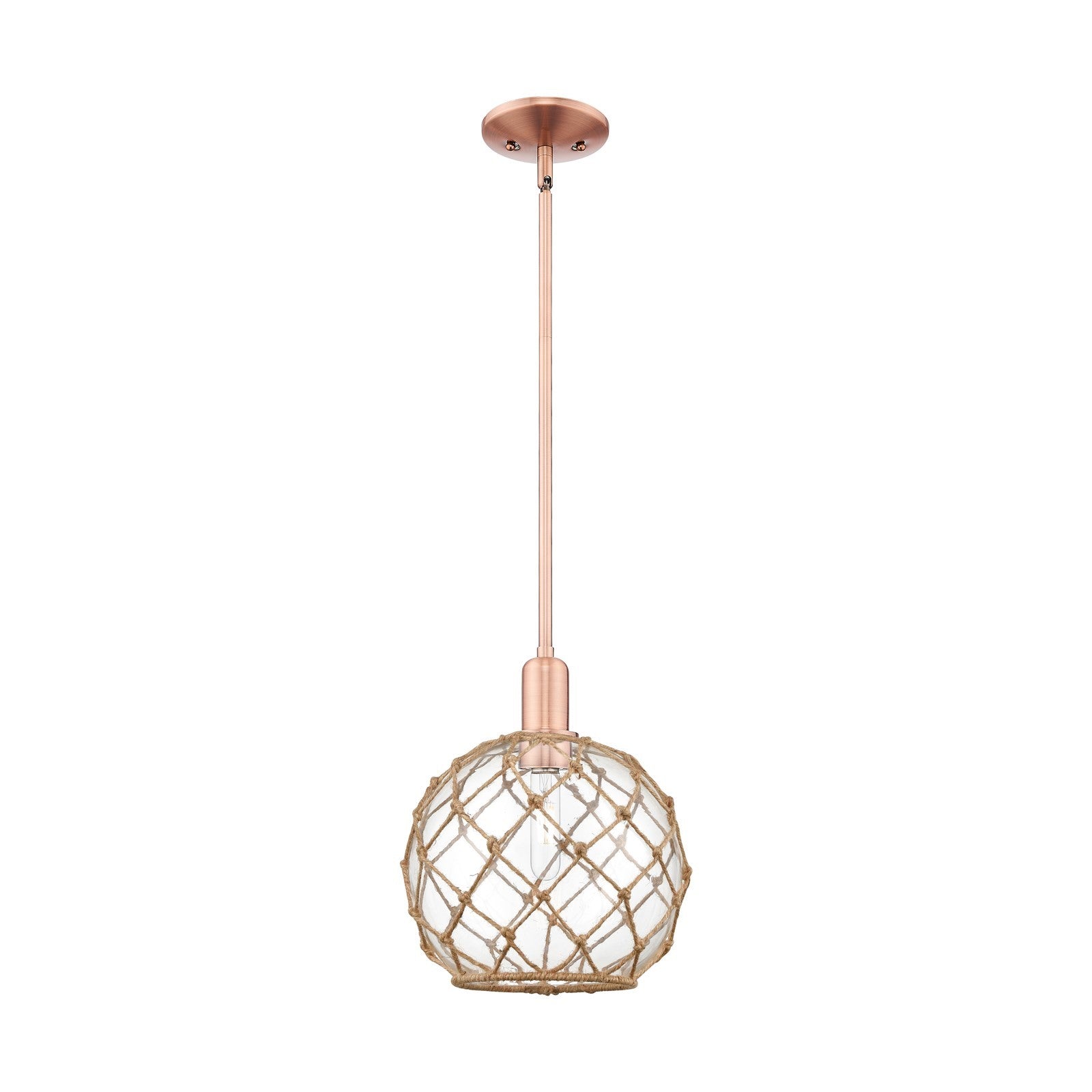 Innovations Farmhouse Rope 10in 1-Light Mini Pendant | Industrial Antique Copper Steel and Clear Glass with Brown Rope | Model 716-1S-AC-G122-10RB