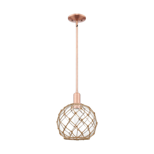 Innovations Farmhouse Rope 10in 1-Light Mini Pendant | Industrial Antique Copper Steel and Clear Glass with Brown Rope | Model 716-1S-AC-G122-10RB
