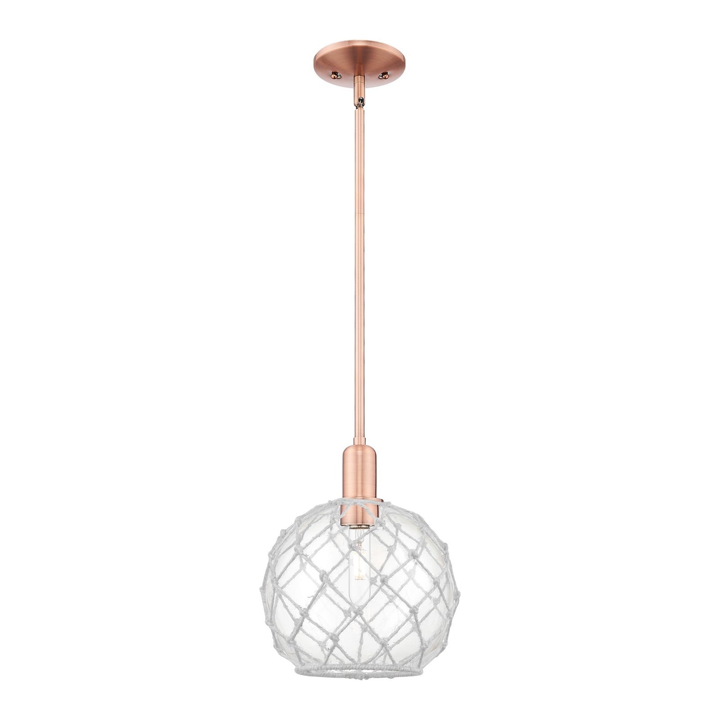Innovations Farmhouse Rope 10in 1-Light Mini Pendant | Industrial Antique Copper Steel and Clear Glass with White Rope | Model 716-1S-AC-G122-10RW