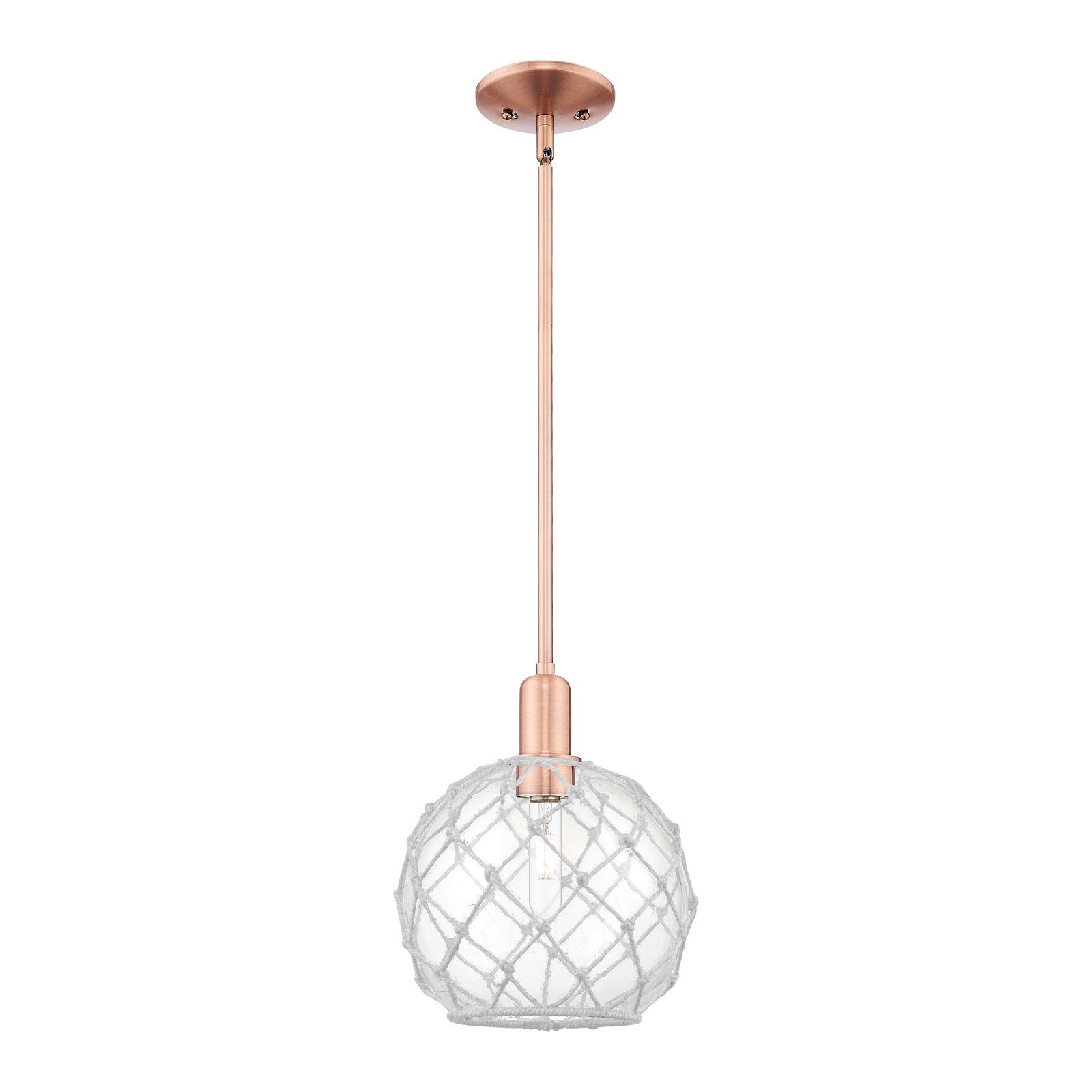 Innovations Farmhouse Rope 10in 1-Light Mini Pendant | Industrial Antique Copper Steel and Clear Glass with White Rope | Model 716-1S-AC-G122-10RW