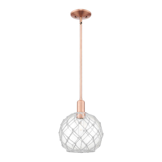 Innovations Farmhouse Rope 10in 1-Light Mini Pendant | Industrial Antique Copper Steel and Clear Glass with White Rope | Model 716-1S-AC-G122-10RW