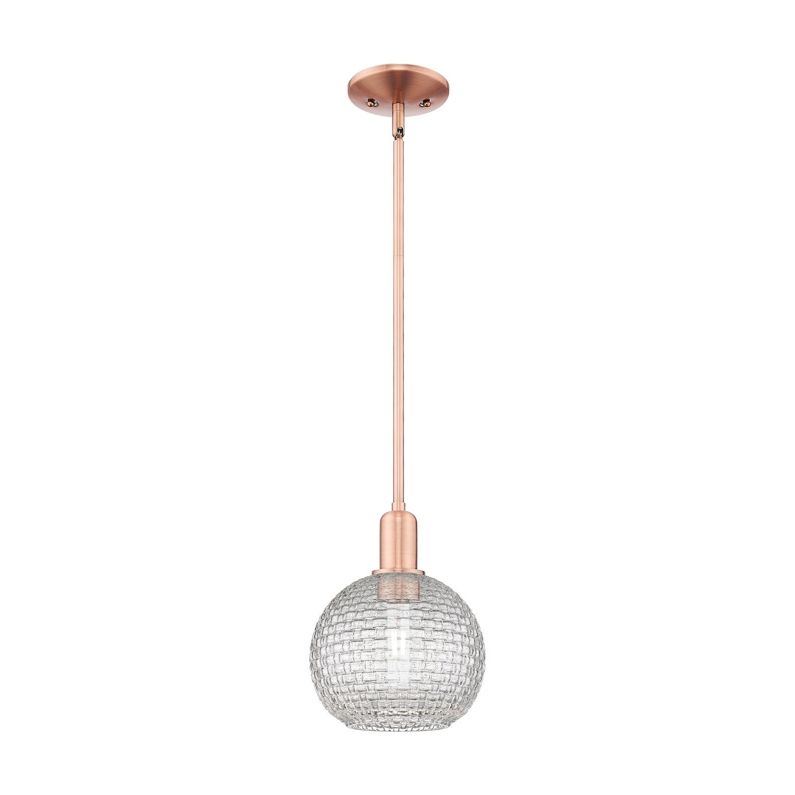 Innovations Athens 8in 1-Light Mini Pendant | Industrial Antique Copper Steel and Clear Basket Weave Glass | Kitchen Island & | Model 716-1S-AC-G122C-8CL