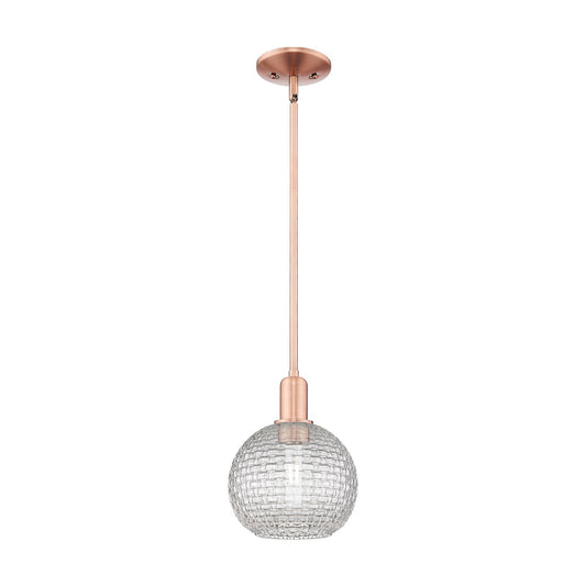 Innovations Athens 8in 1-Light Mini Pendant | Industrial Antique Copper Steel and Clear Basket Weave Glass | Kitchen Island & | Model 716-1S-AC-G122C-8CL