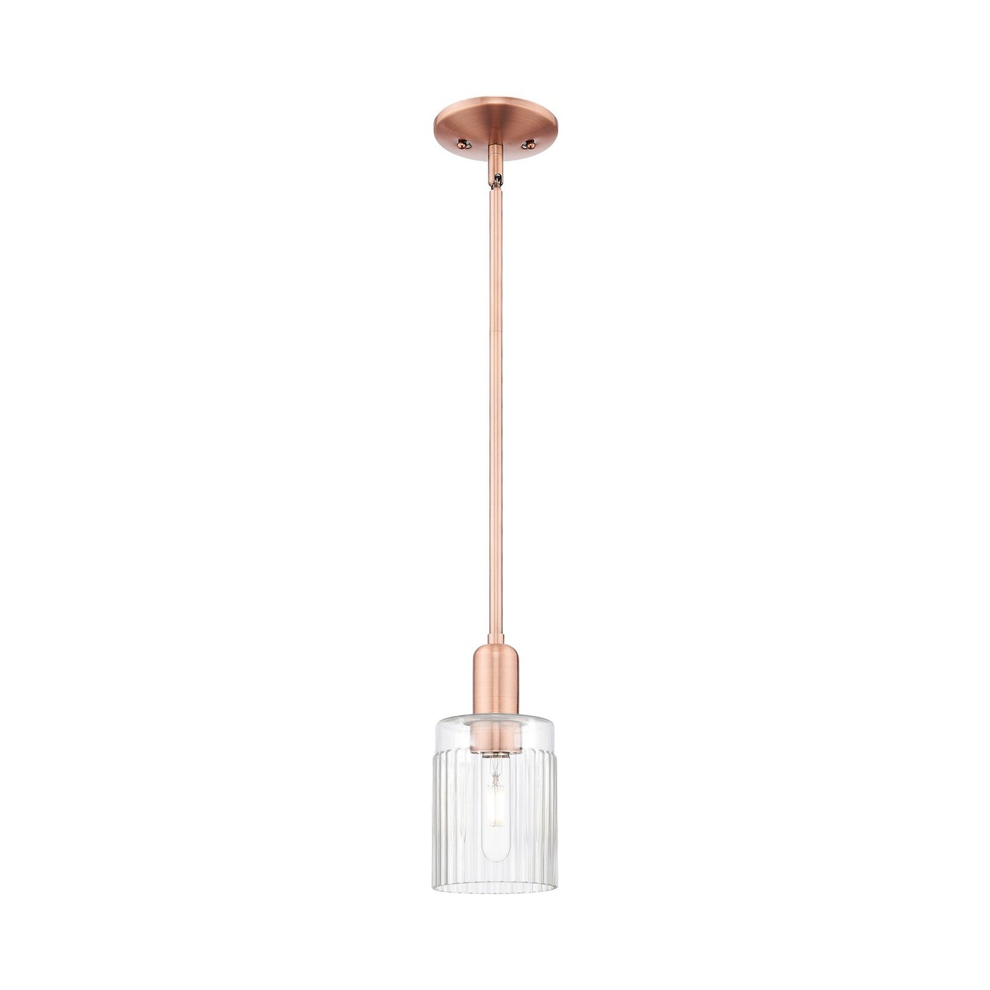 Innovations Hadley 1-Light 4.5in Mini Pendant | Industrial Antique Copper Steel and Clear Ribbed Glass | Kitchen Island & Dining | Model 716-1S-AC-G342