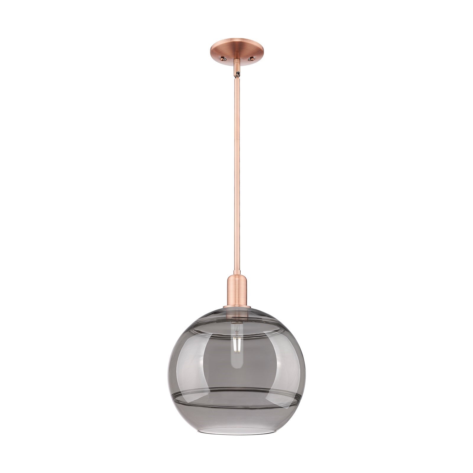 Innovations Rochester 12in 1-Light Mini Pendant | Industrial Antique Copper Steel and Light Smoke Glass | Kitchen Island & | Model 716-1S-AC-G556-12SM