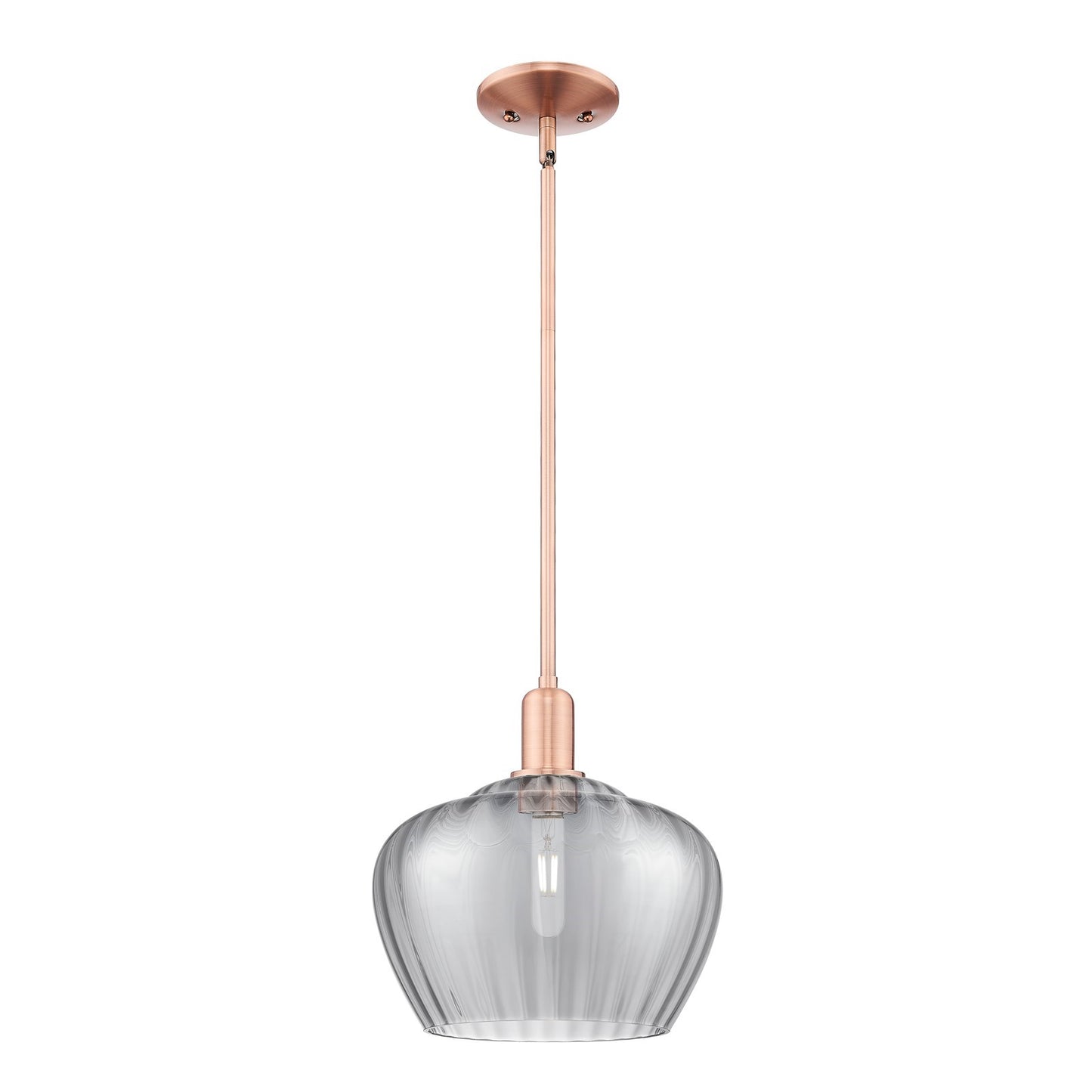 Innovations Fenton 11in 1-Light Mini Pendant | Industrial Antique Copper Steel and Light Smoke Ribbed Glass | Kitchen Island & | Model 716-1S-AC-G93-L
