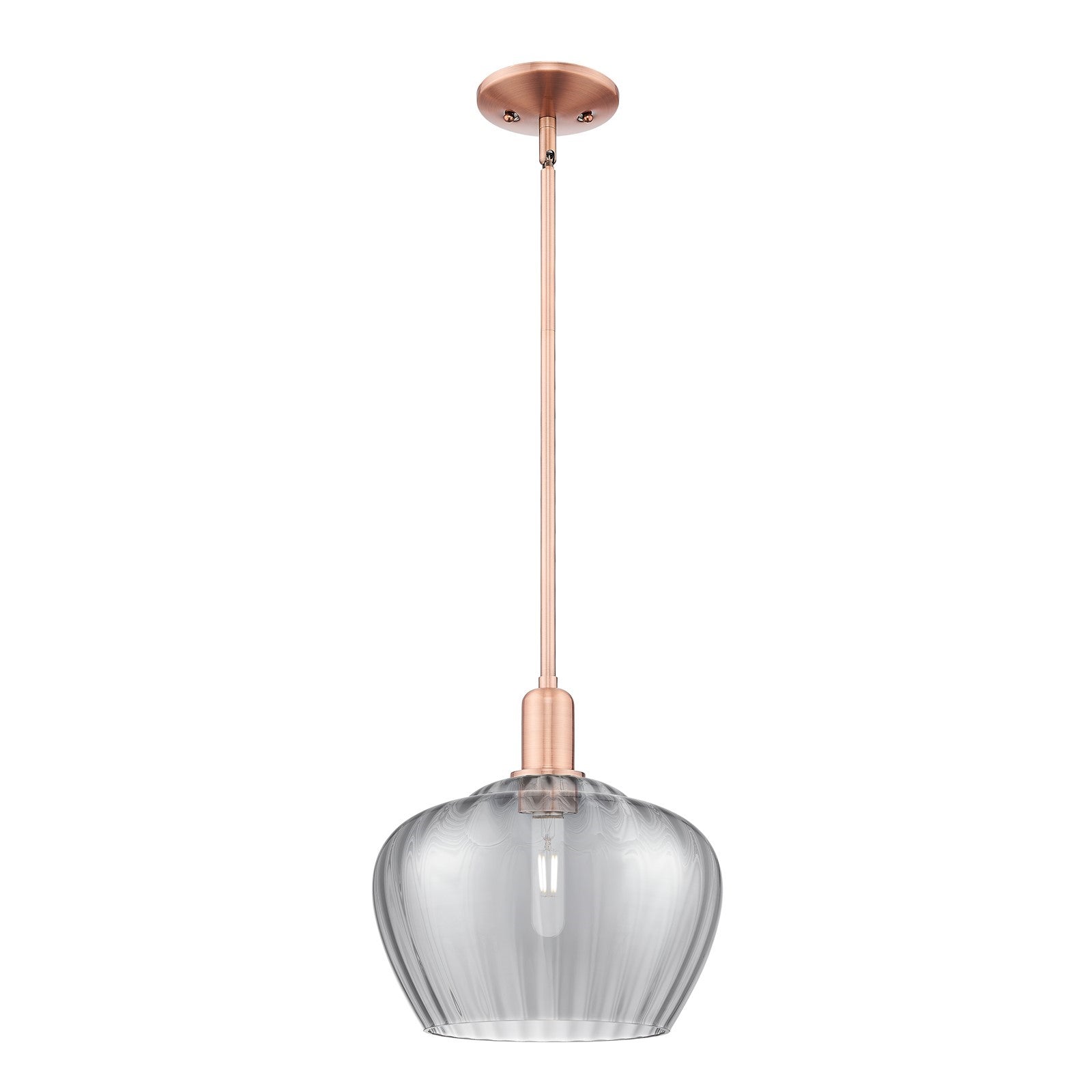 Innovations Fenton 11in 1-Light Mini Pendant | Industrial Antique Copper Steel and Light Smoke Ribbed Glass | Kitchen Island & | Model 716-1S-AC-G93-L