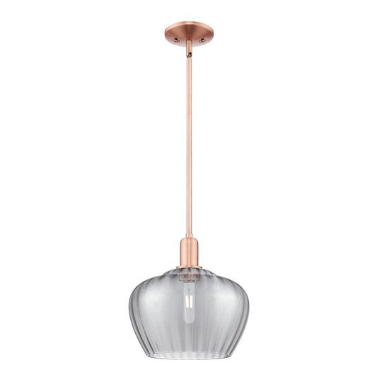 Innovations Fenton 11in 1-Light Mini Pendant | Industrial Antique Copper Steel and Light Smoke Ribbed Glass | Kitchen Island & | Model 716-1S-AC-G93-L