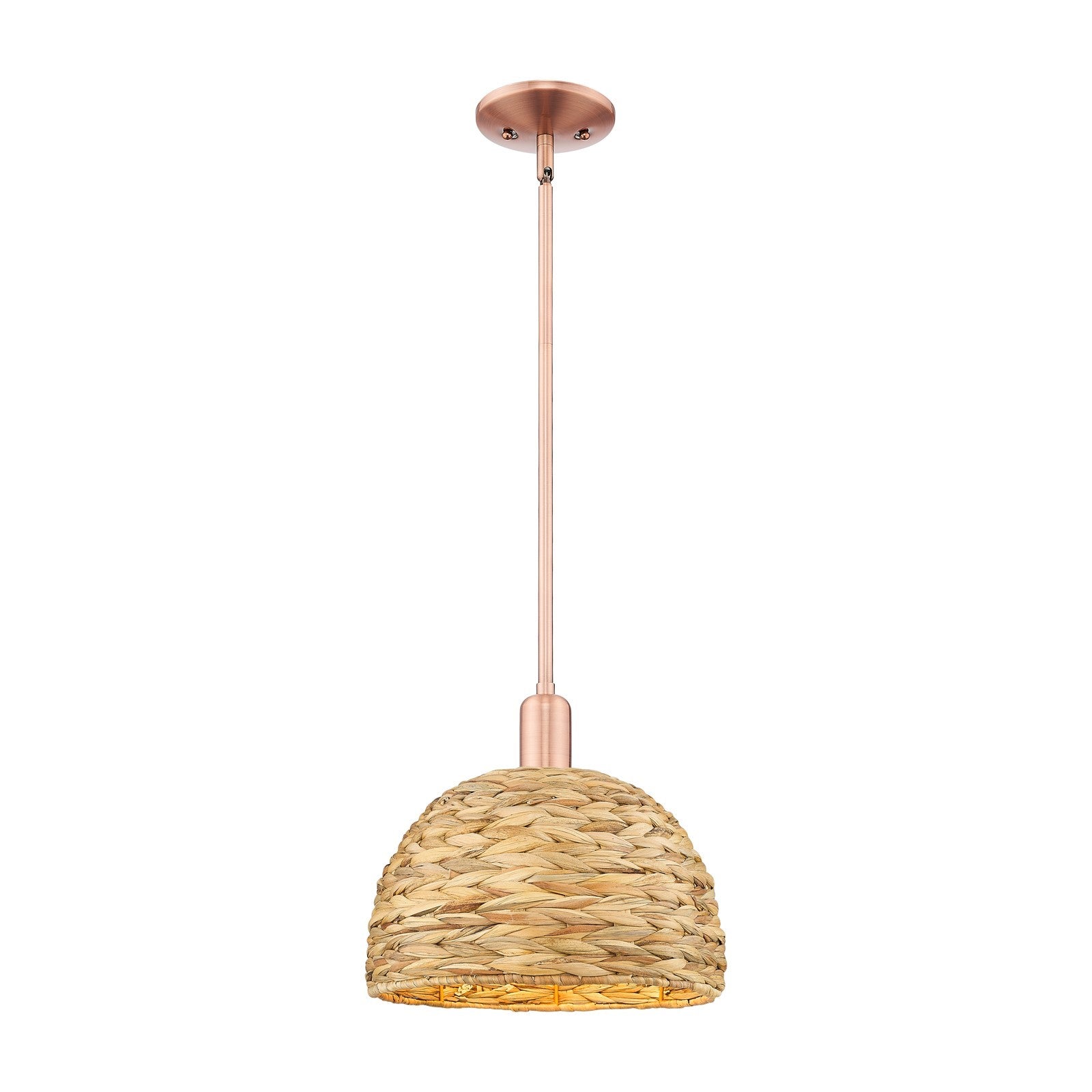 Innovations Woven Rattan 12in 1-Light Mini Pendant | Industrial Antique Copper Steel and Natural Rattan | Kitchen Island & | Model 716-1S-AC-RBD-12-NAT