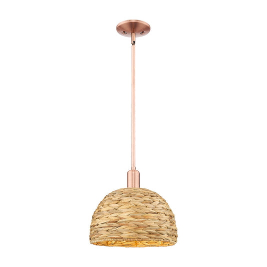 Innovations Woven Rattan 12in 1-Light Mini Pendant | Industrial Antique Copper Steel and Natural Rattan | Kitchen Island & | Model 716-1S-AC-RBD-12-NAT