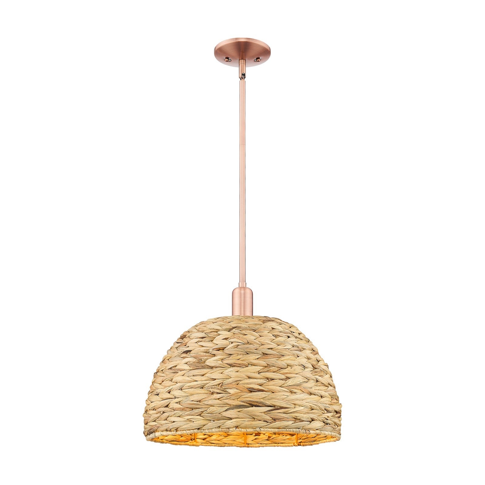 Innovations Woven Rattan 16in 1-Light Mini Pendant | Industrial Antique Copper and Natural Fiber Shade | Kitchen Island & | Model 716-1S-AC-RBD-16-NAT