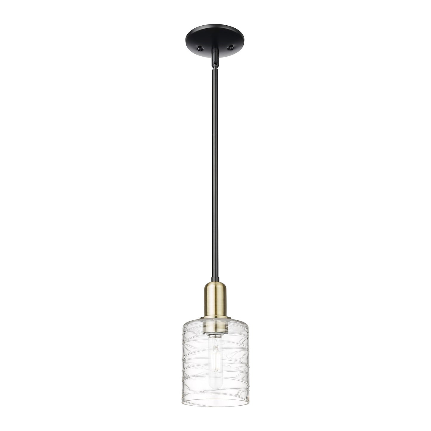 Innovations Cobbleskill 5in 1-Light Mini Pendant | Industrial Black Antique Brass and Deco Swirl Clear Glass | Kitchen Island & | Model 716-1S-BAB-G1113