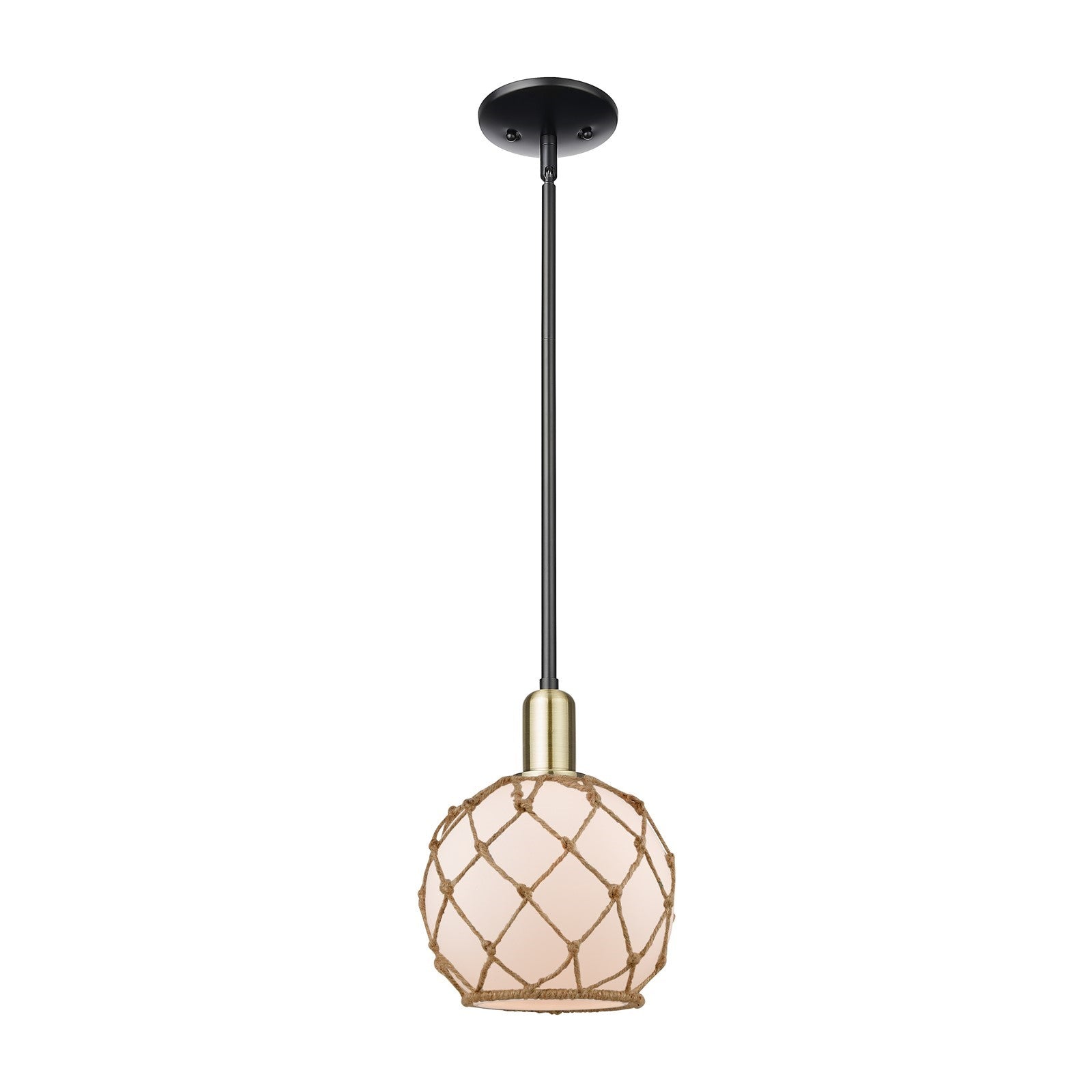Innovations Farmhouse Rope 8in 1-Light Mini Pendant | Industrial Black Antique Brass and White Glass with Brown Rope | Kitchen | Model 716-1S-BAB-G121-8RB