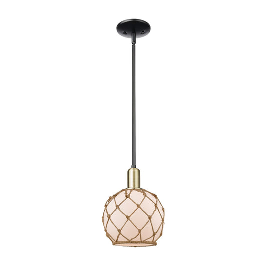 Innovations Farmhouse Rope 8in 1-Light Mini Pendant | Industrial Black Antique Brass and White Glass with Brown Rope | Kitchen | Model 716-1S-BAB-G121-8RB