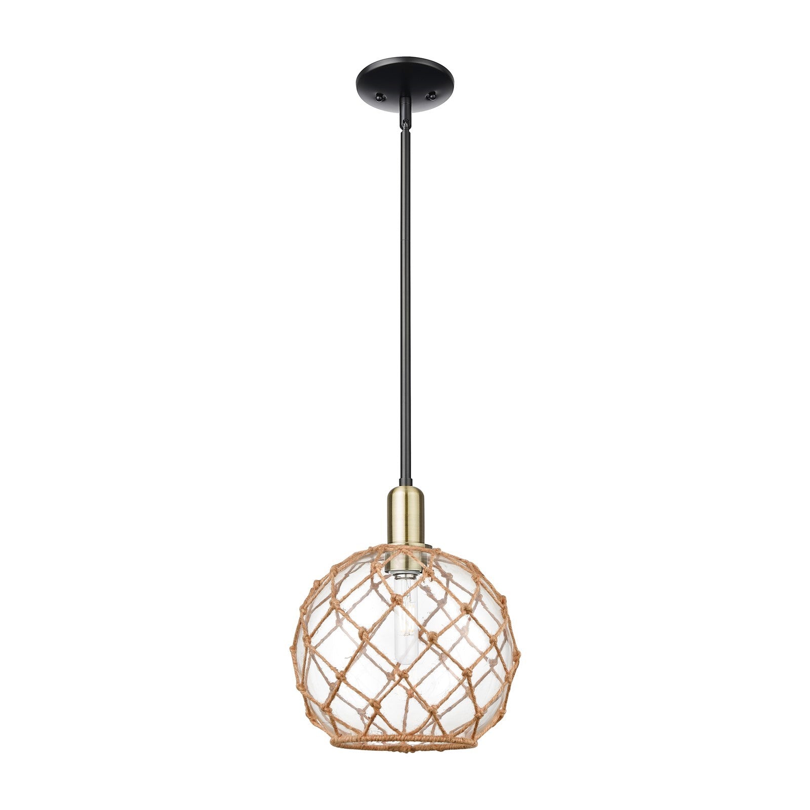 Innovations Farmhouse Rope 10in 1-Light Mini Pendant | Industrial Black Antique Brass and Clear Glass with Brown Rope | Model 716-1S-BAB-G122-10RB