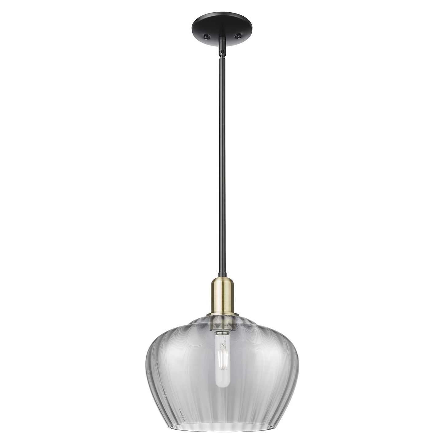 Innovations Fenton 11in 1-Light Mini Pendant | Industrial Black Antique Brass Steel and Light Smoke Ribbed Glass | Kitchen Island | Model 716-1S-BAB-G93-L