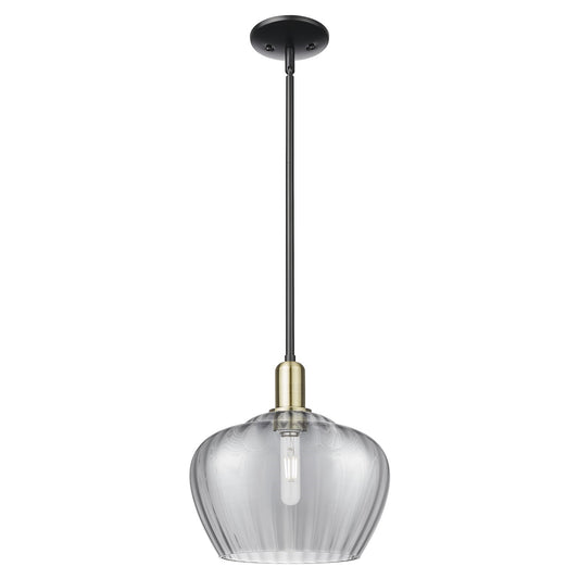 Innovations Fenton 11in 1-Light Mini Pendant | Industrial Black Antique Brass Steel and Light Smoke Ribbed Glass | Kitchen Island | Model 716-1S-BAB-G93-L