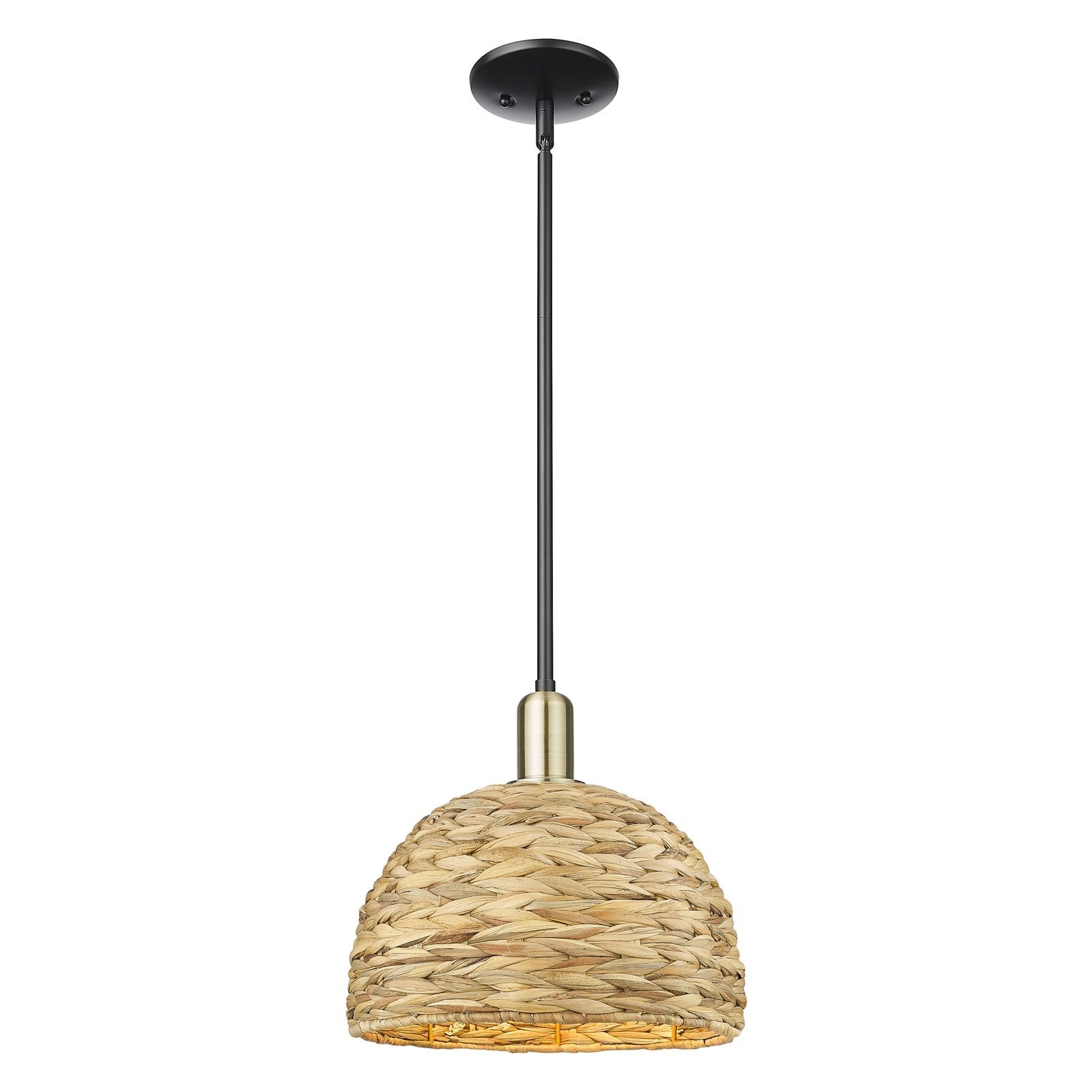 Innovations Woven Rattan 12in 1-Light Mini Pendant | Industrial Black Antique Brass and Natural Fiber | Kitchen Island & | Model 716-1S-BAB-RBD-12-NAT