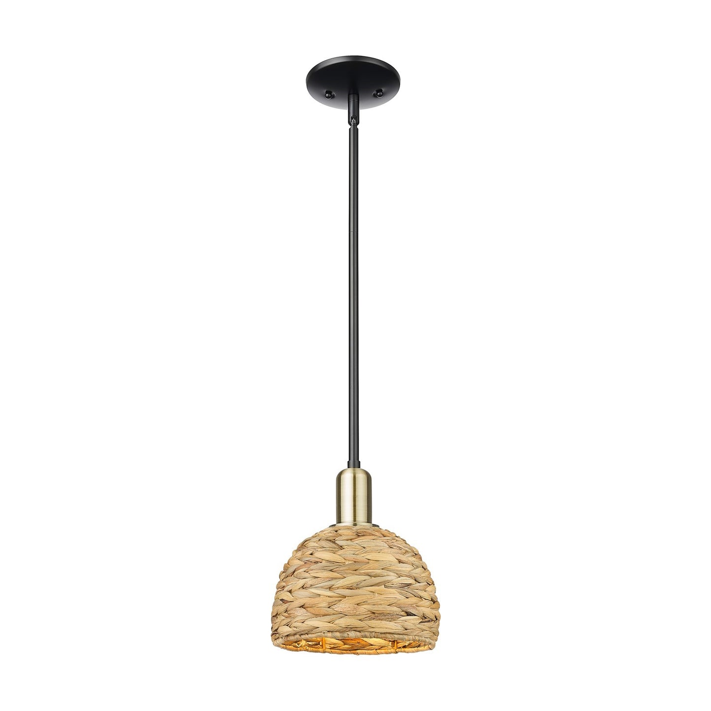 Innovations Woven Rattan 8in 1-Light Mini Pendant | Rustic Farmhouse Black Antique Brass and Natural Woven Rattan | Kitchen | Model 716-1S-BAB-RBD-8-NAT