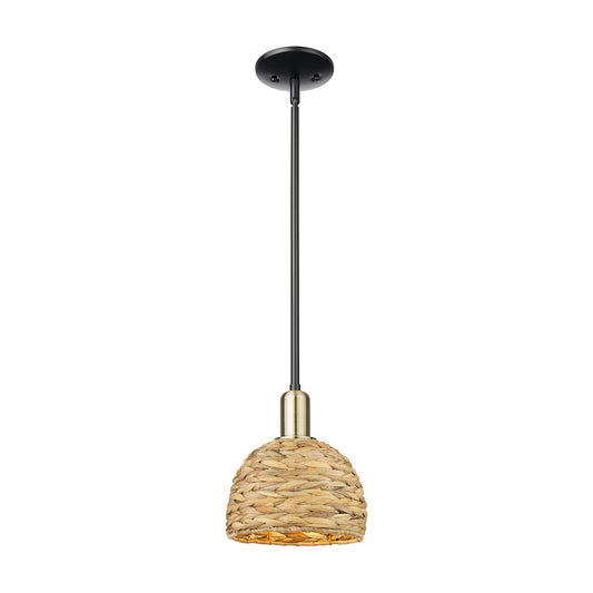 Innovations Woven Rattan 8in 1-Light Mini Pendant | Rustic Farmhouse Black Antique Brass and Natural Woven Rattan | Kitchen | Model 716-1S-BAB-RBD-8-NAT