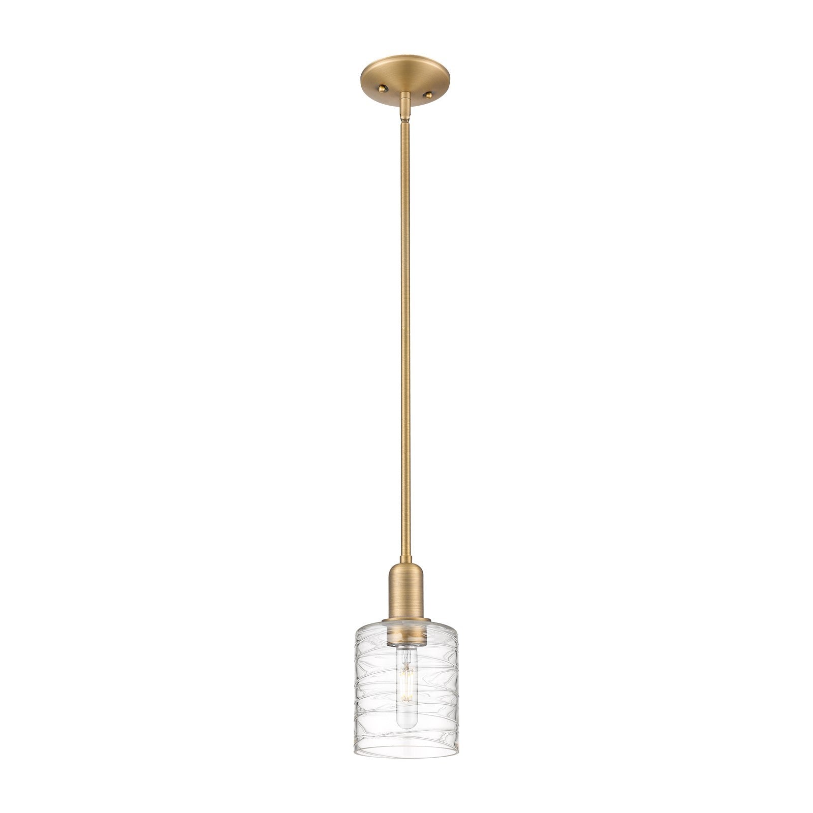 Innovations Cobbleskill 5in 1-Light Mini Pendant | Industrial Brushed Brass Steel and Deco Swirl Clear Glass | Kitchen Island & | Model 716-1S-BB-G1113