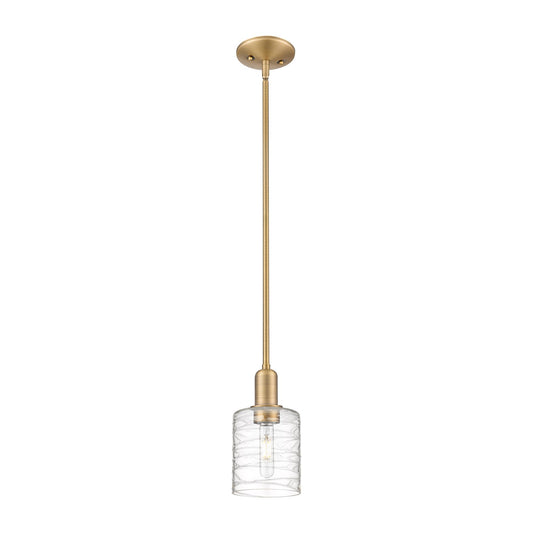 Innovations Cobbleskill 5in 1-Light Mini Pendant | Industrial Brushed Brass Steel and Deco Swirl Clear Glass | Kitchen Island & | Model 716-1S-BB-G1113