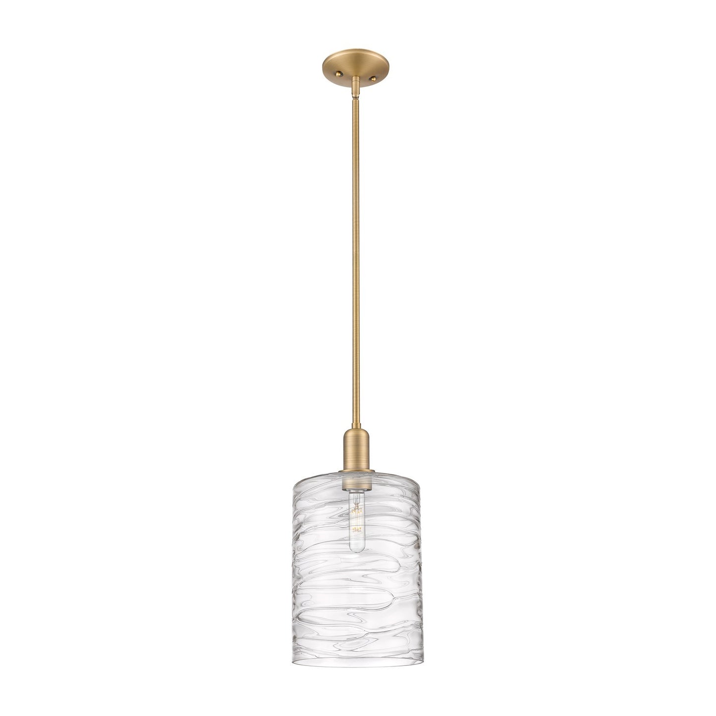 Innovations Cobbleskill 9in 1-Light Mini Pendant | Industrial Brushed Brass and Clear Deco Swirl Glass | Kitchen Island & Dining | Model 716-1S-BB-G1113-L