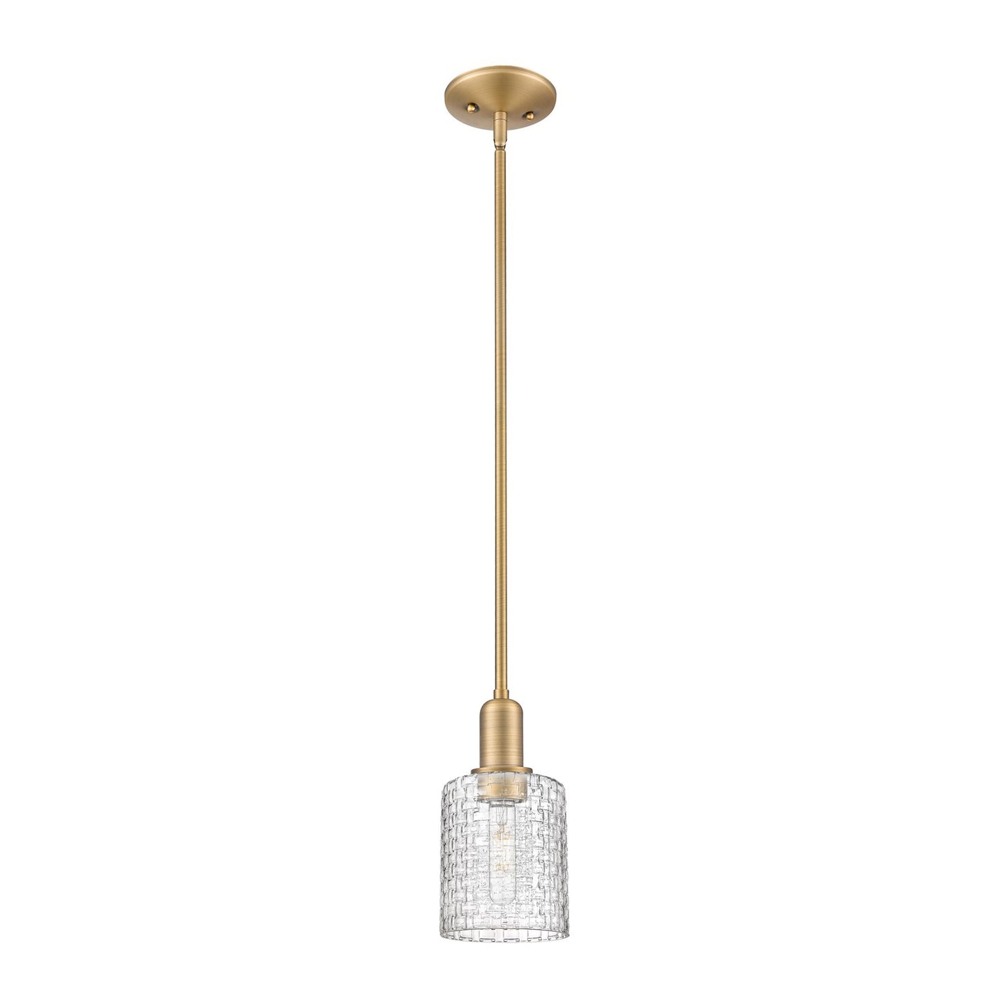 Innovations Cobbleskill 5in 1-Light Mini Pendant | Industrial Brushed Brass Steel and Clear Basket Weave Glass | Kitchen | Model 716-1S-BB-G112C-5CL