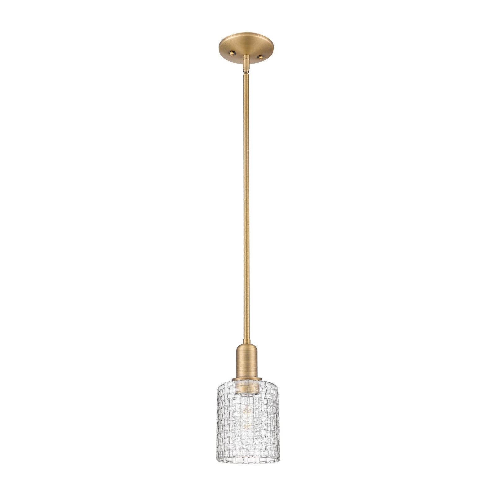 Innovations Cobbleskill 5in 1-Light Mini Pendant | Industrial Brushed Brass Steel and Clear Basket Weave Glass | Kitchen | Model 716-1S-BB-G112C-5CL