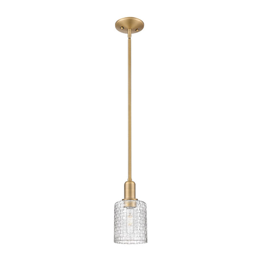 Innovations Cobbleskill 5in 1-Light Mini Pendant | Industrial Brushed Brass Steel and Clear Basket Weave Glass | Kitchen | Model 716-1S-BB-G112C-5CL