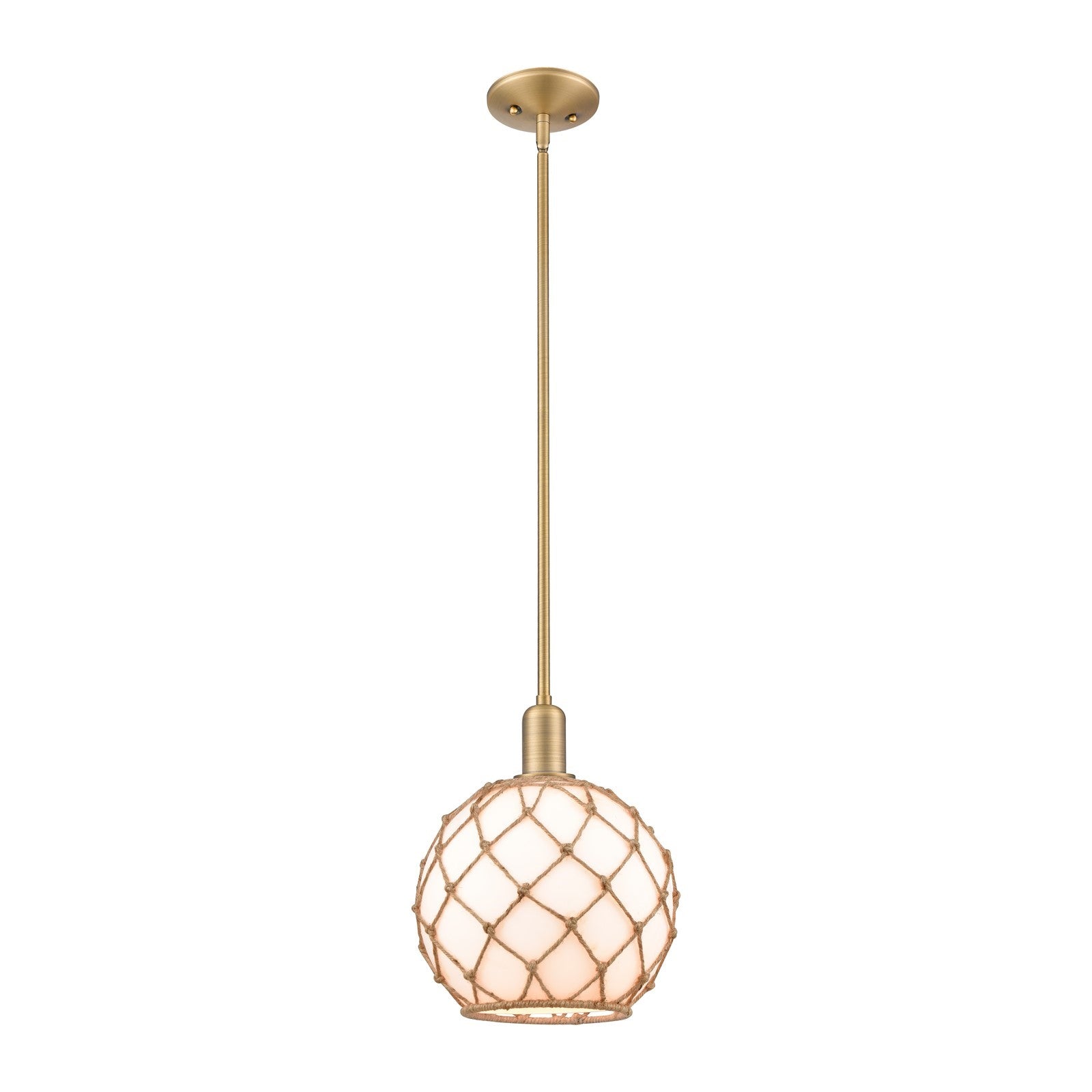 Innovations Farmhouse Rope 10in 1-Light Mini Pendant | Industrial Brushed Brass Steel and Matte White Glass with Brown Rope | Model 716-1S-BB-G121-10RB