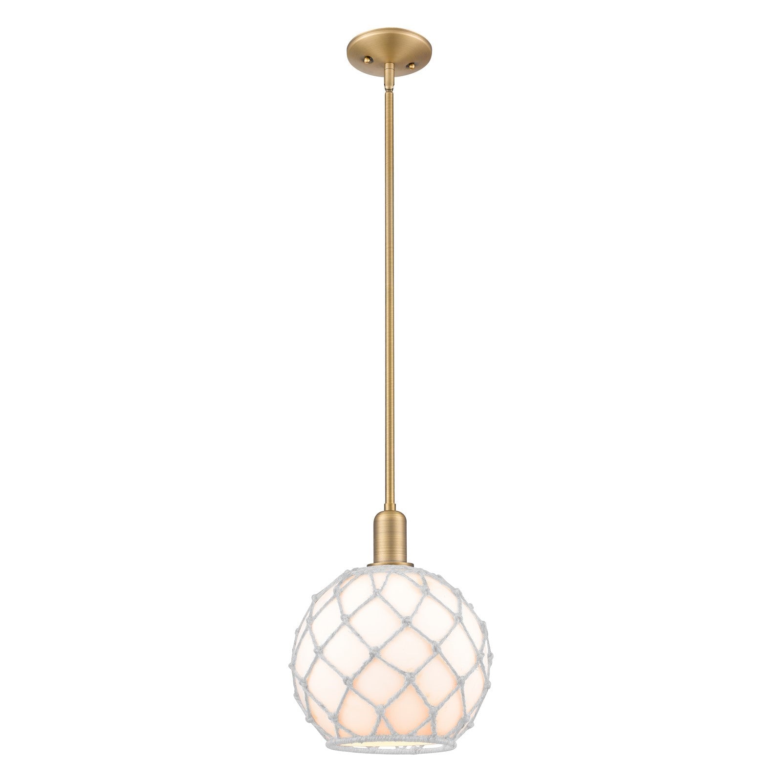 Innovations Farmhouse Rope 10in 1-Light Mini Pendant | Industrial Brushed Brass Steel and White Glass with White Rope | Model 716-1S-BB-G121-10RW