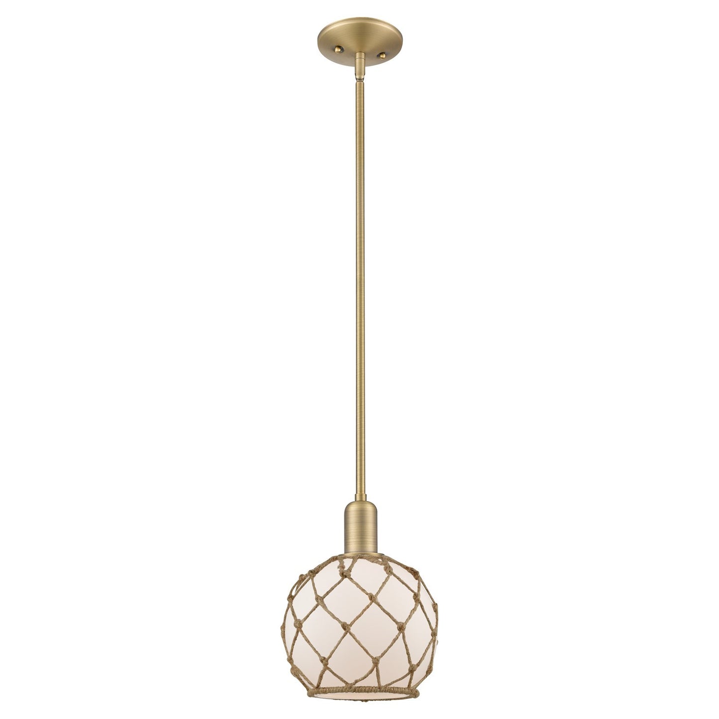 Innovations Farmhouse Rope 8in 1-Light Mini Pendant | Industrial Brushed Brass and White Glass with Brown Rope | Kitchen Island | Model 716-1S-BB-G121-8RB